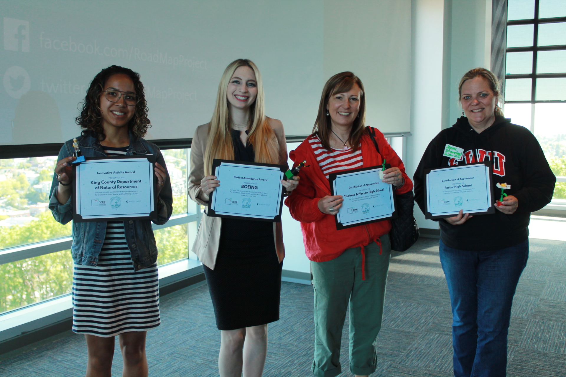 Two 2018-2019 worksite tour awardees from King County Dept. of Natural Resources and Boeing, with two school coordinators from Thomas Jefferson High School and Foster High School.