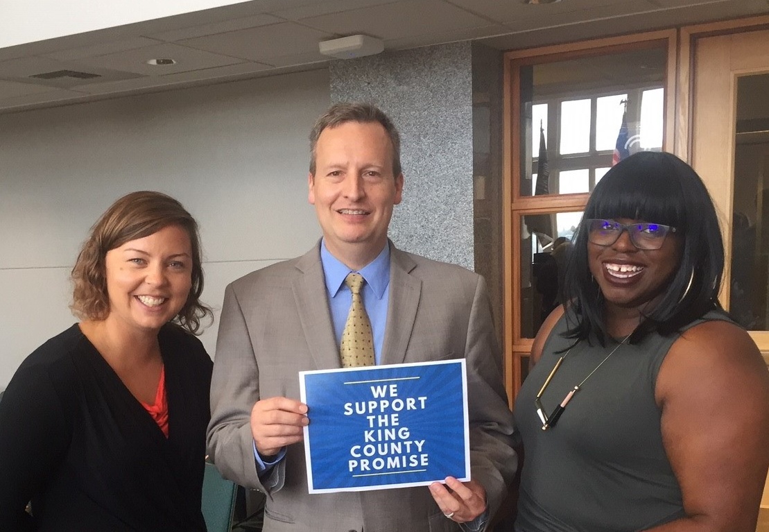 Puget Sound College and Career Network director Kyla Lackie and manager Mercy Daramola with councilmember Dave Upthegrove at the King County Council PSTAA hearing on Aug. 28.