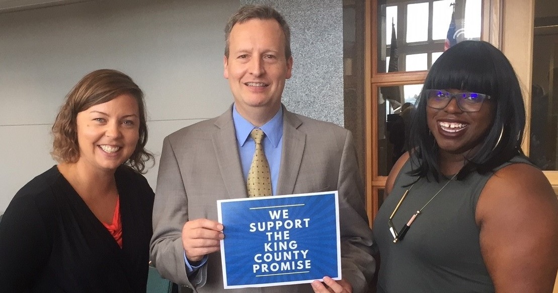 Puget Sound College and Career Network director Kyla Lackie and manager Mercy Daramola with councilmember Dave Upthegrove at the King County Council PSTAA hearing on Aug. 28.